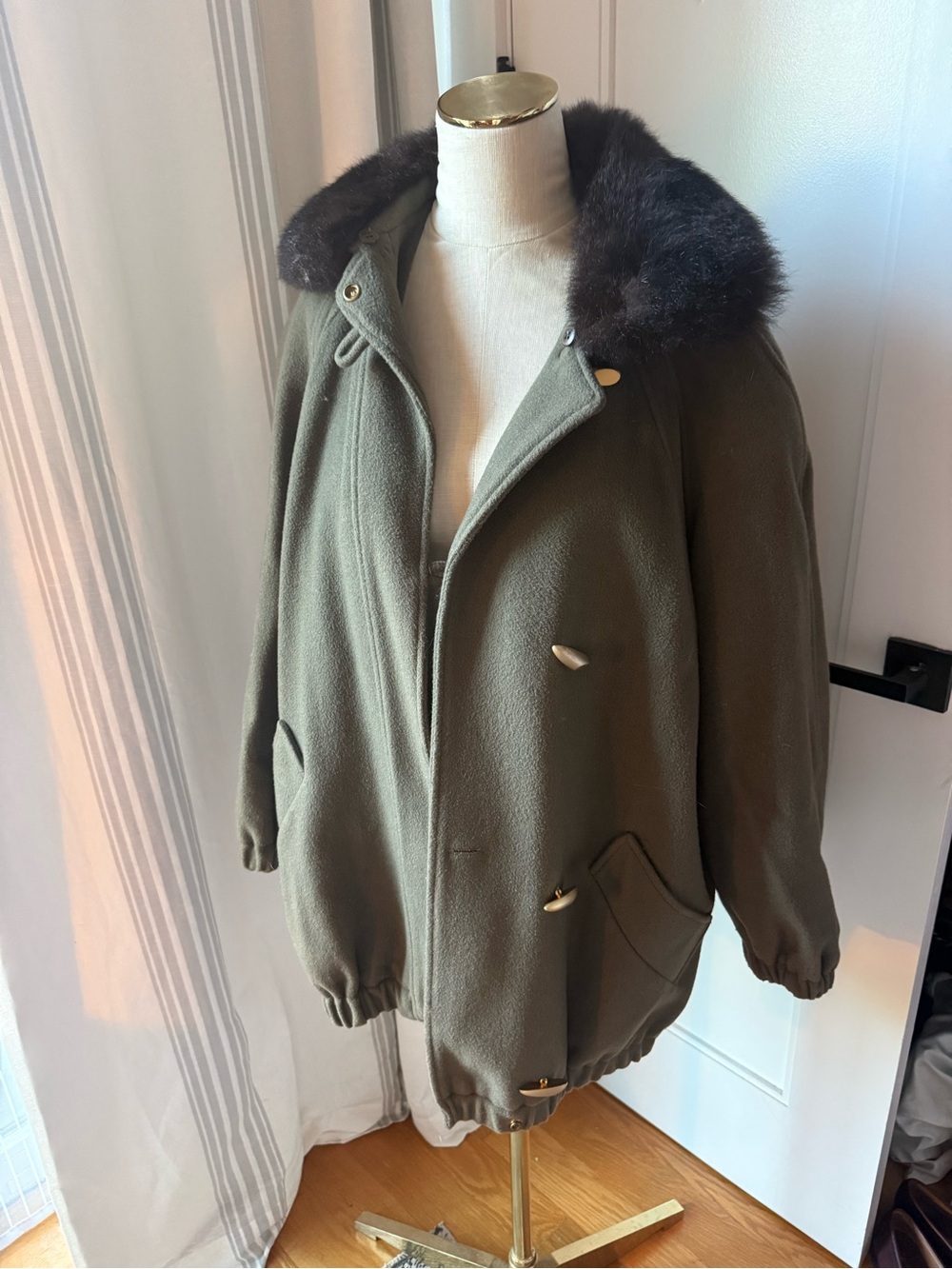 Olive Green Bomber Jacket with Dark Fur Collar